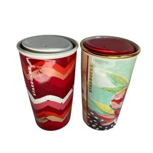 Starbucks Ceramic Travel Mugs Set Of 2 Chevron & Floral Designs W/ Silicone Lids